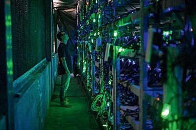 A large-scale Bitcoin mining farm powered by renewable energy sources.