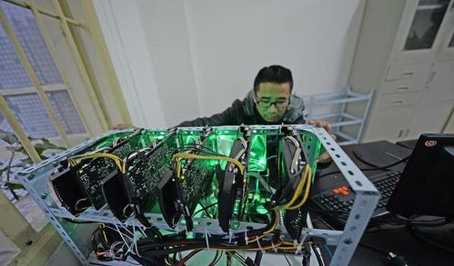 A close-up of a GPU mining rig, highlighting the graphics cards and cooling system.