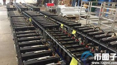 A close-up display of a high-performance mining rig showcasing multiple GPUs
